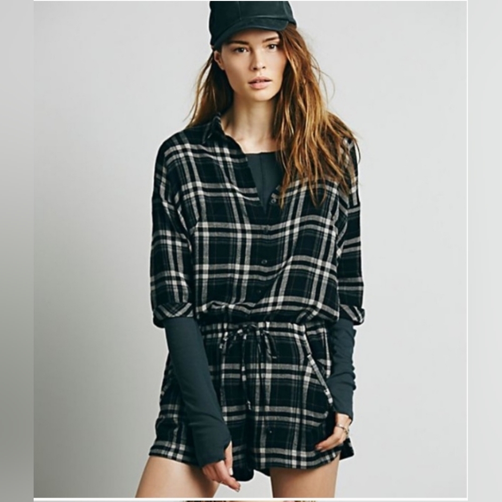 Free People Small Black Plaid Romper Open Back